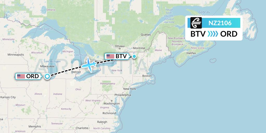 NZ2106 Air New Zealand Flight Map: Burlington to Chicago