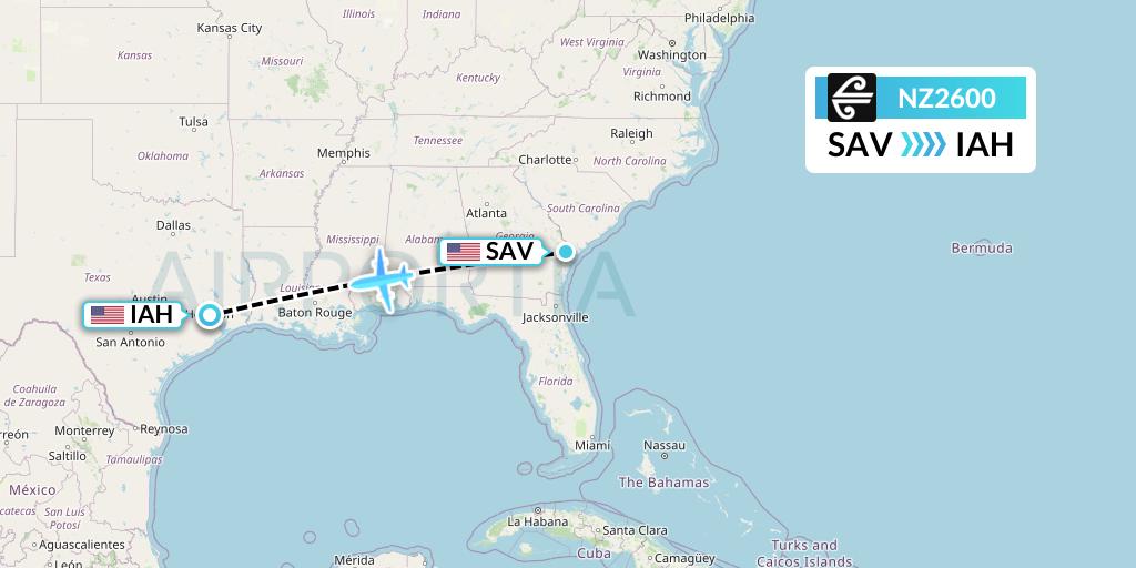 NZ2600 Air New Zealand Flight Map: Savannah to Houston
