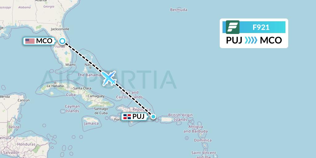F921 Frontier Airlines Flight Map: Punta Cana to Orlando