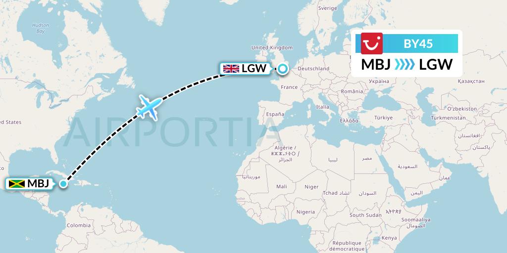 BY45 TUI Airways Flight Map: Montego Bay to London