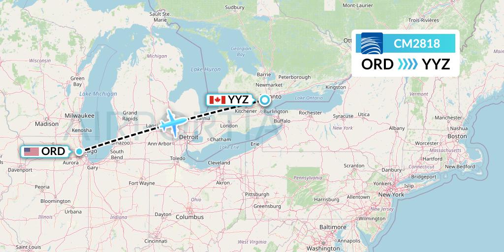 CM2818 Copa Airlines Flight Map: Chicago to Toronto