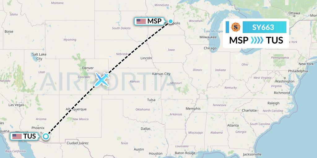 SY663 Sun Country Airlines Flight Map: Minneapolis to Tucson