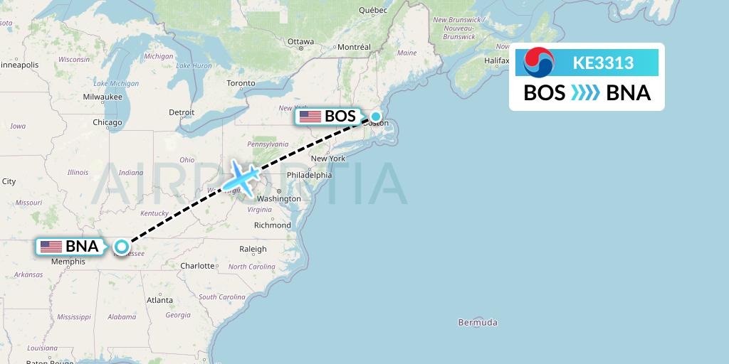KE3313 Korean Air Flight Map: Boston to Nashville