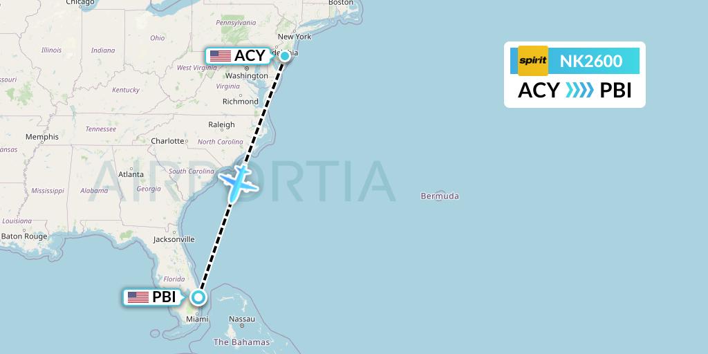NK2600 Spirit Airlines Flight Map: Atlantic City to West Palm Beach