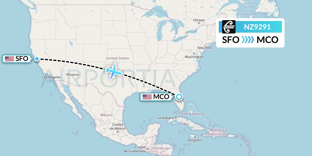 NZ9291 Air New Zealand Flight Map: San Francisco to Orlando