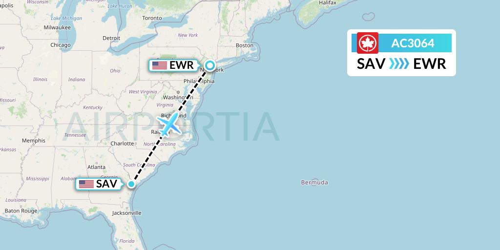 AC3064 Air Canada Flight Map: Savannah to New York