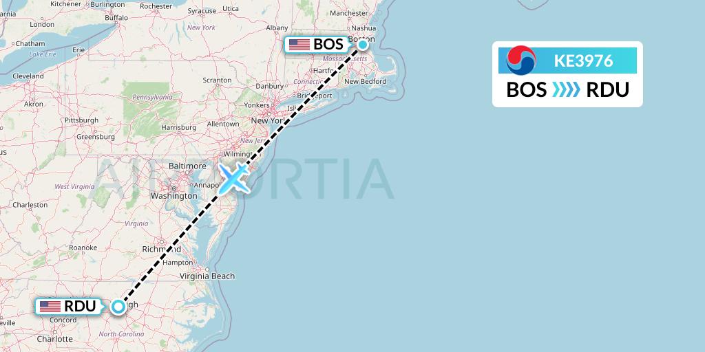 KE3976 Korean Air Flight Map: Boston to Raleigh-Durham