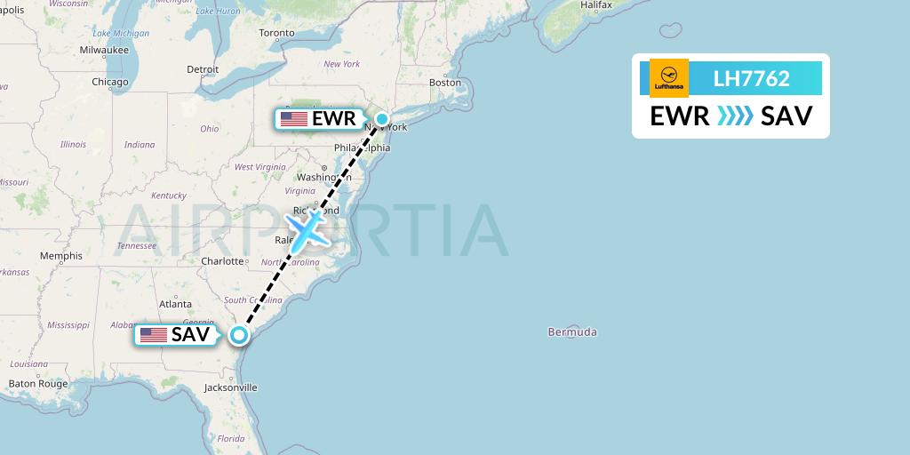 LH7762 Lufthansa Flight Map: New York to Savannah