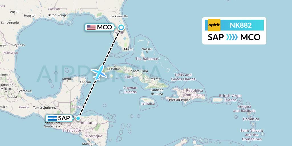 NK882 Spirit Airlines Flight Map: San Pedro Sula to Orlando
