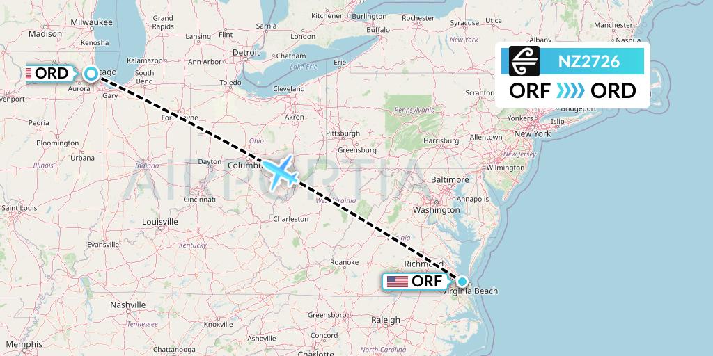 NZ2726 Air New Zealand Flight Map: Norfolk to Chicago