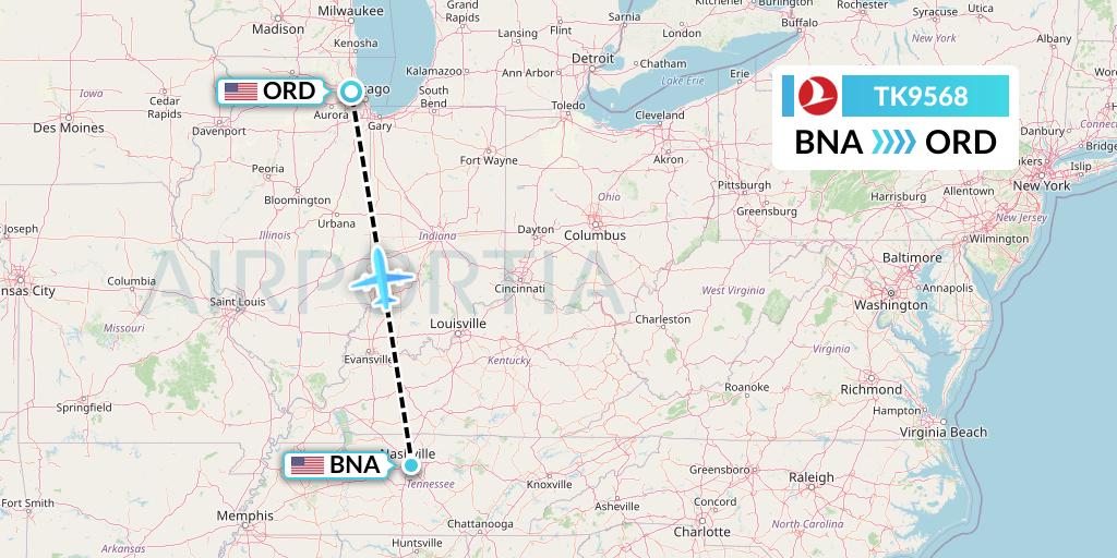 TK9568 Turkish Airlines Flight Map: Nashville to Chicago