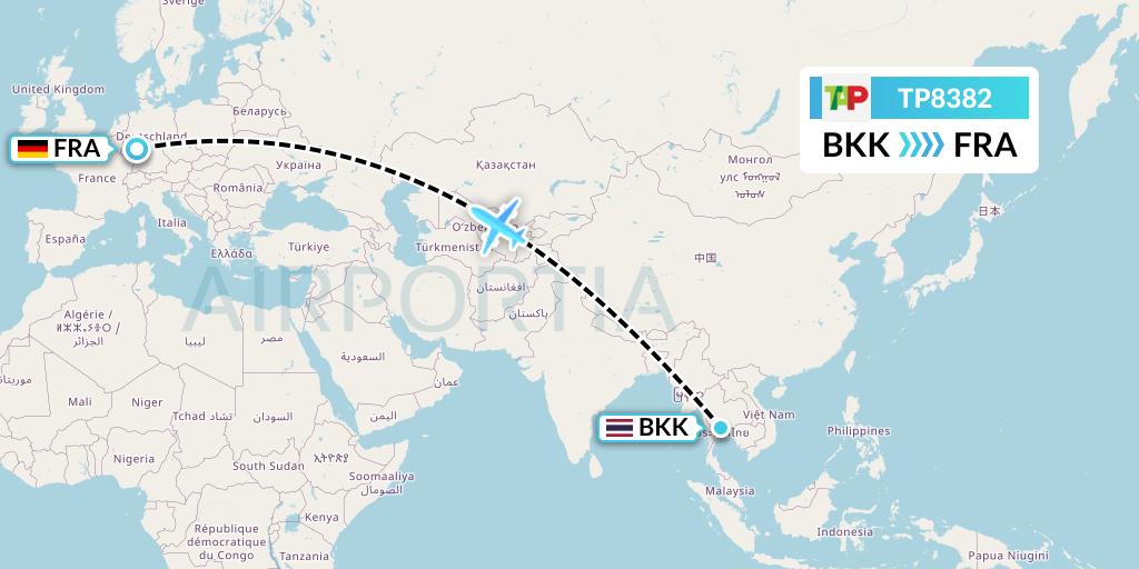 TP8382 TAP Portugal Flight Map: Bangkok to Frankfurt