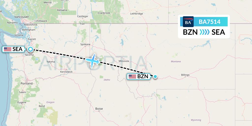 BA7514 British Airways Flight Map: Bozeman to Seattle
