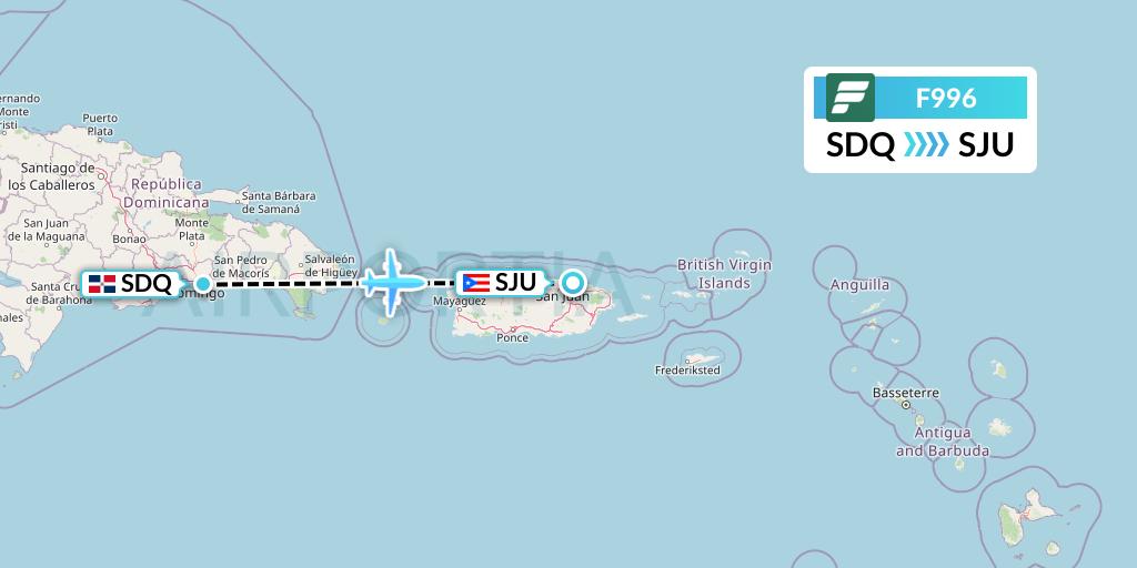 F996 Frontier Airlines Flight Map: Santo Domingo to San Juan