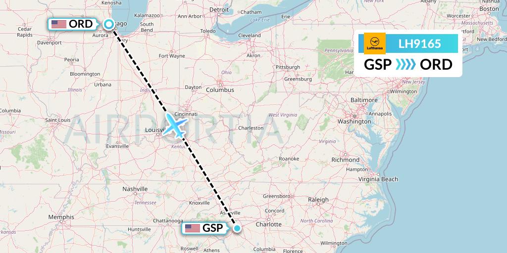 LH9165 Lufthansa Flight Map: Greenville-Spartanburg to Chicago
