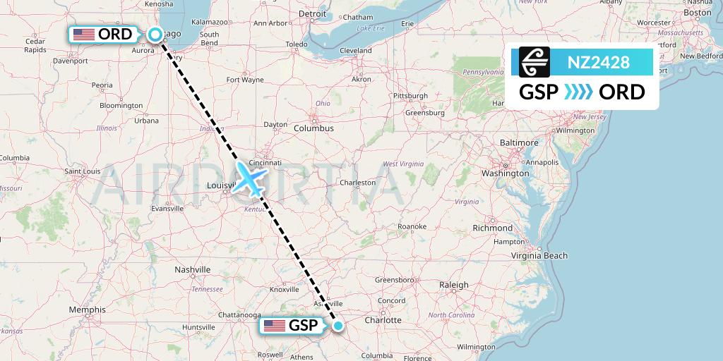 NZ2428 Air New Zealand Flight Map: Greenville-Spartanburg to Chicago