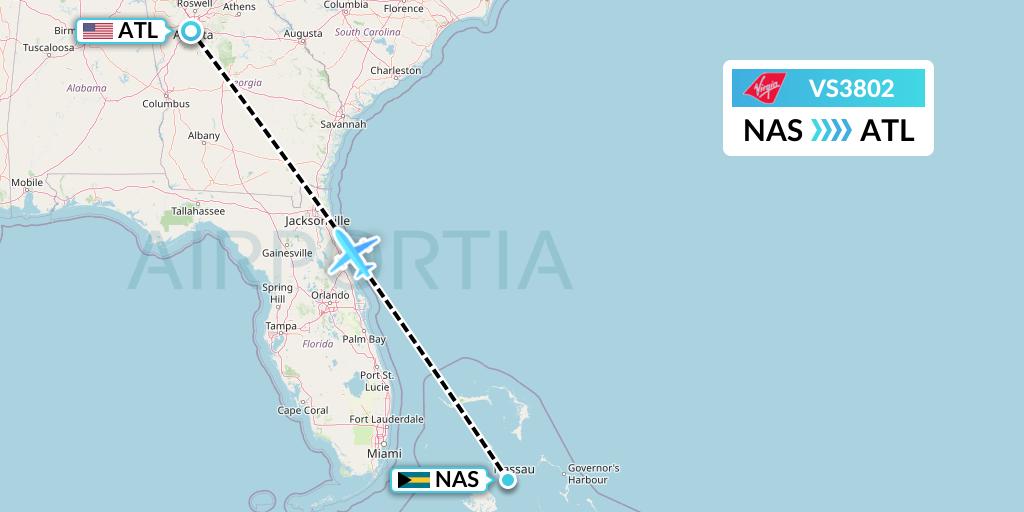 VS3802 Virgin Atlantic Airways Flight Map: Nassau to Atlanta