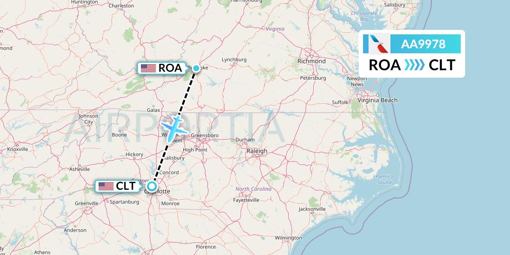 AA9978 American Airlines Flight Map: Roanoke to Charlotte