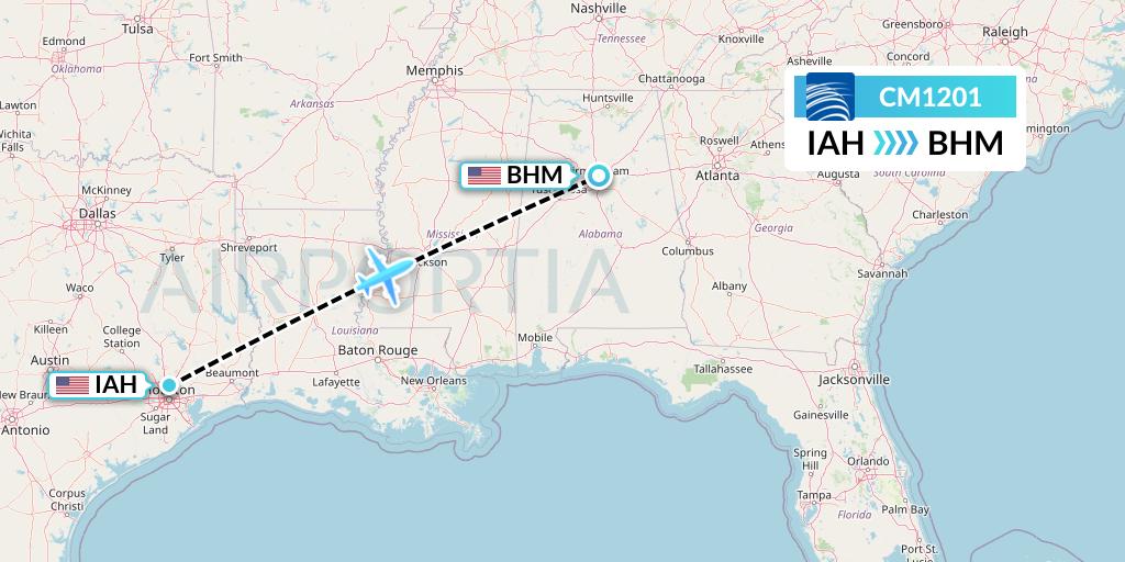 CM1201 Copa Airlines Flight Map: Houston to Birmingham