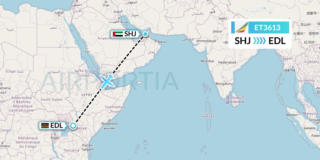 ET3613 Ethiopian Airlines Flight Map: Sharjah to Eldoret