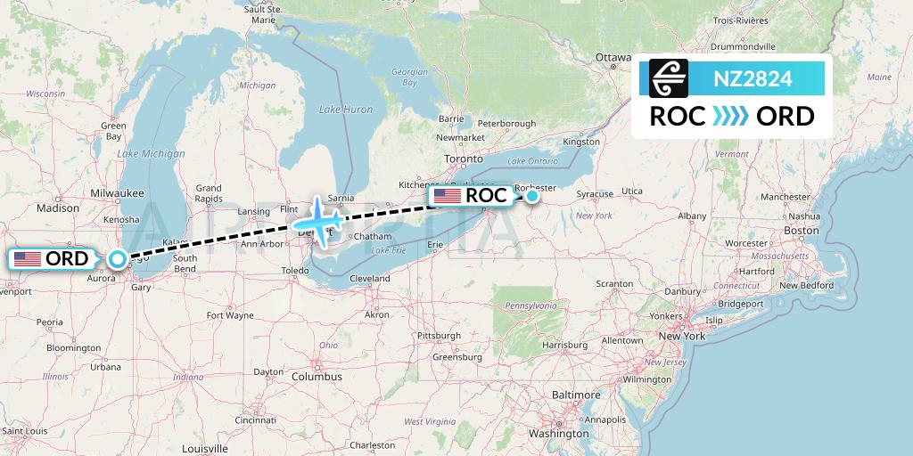NZ2824 Air New Zealand Flight Map: Rochester to Chicago