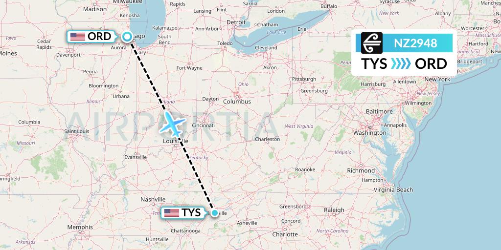NZ2948 Air New Zealand Flight Map: Knoxville to Chicago
