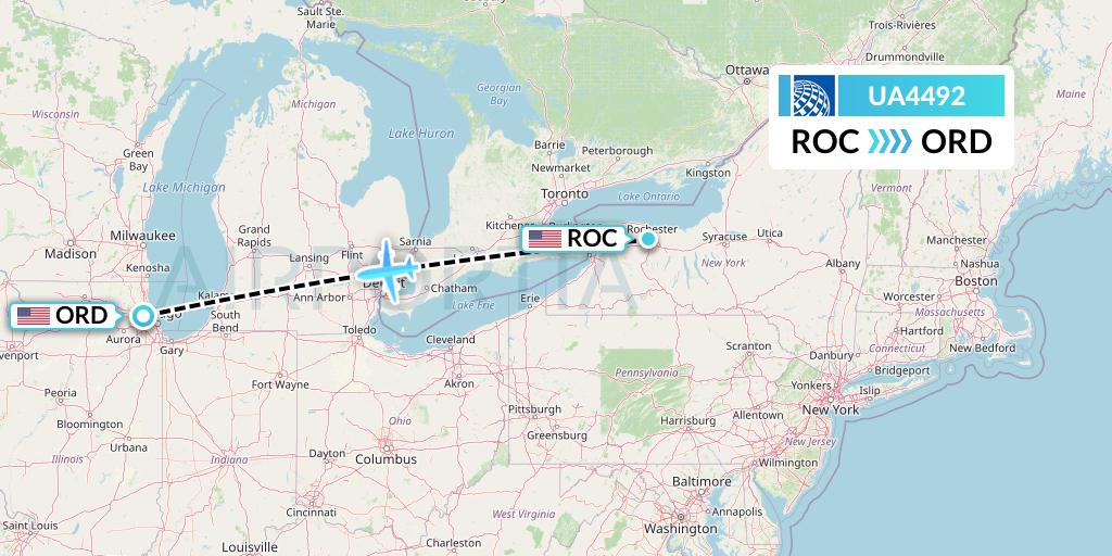 UA4492 United Airlines Flight Map: Rochester to Chicago