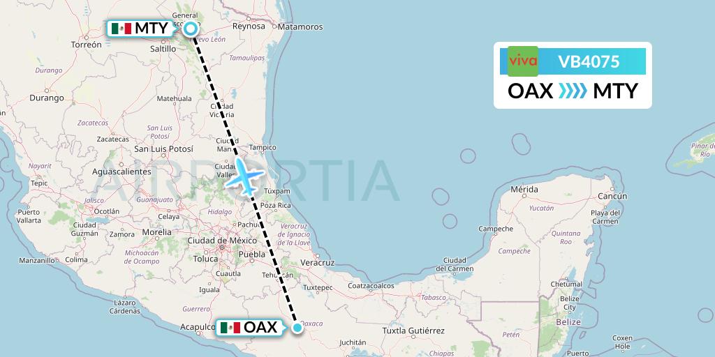 VB4075 VivaAerobus Flight Map: Oaxaca to Monterrey