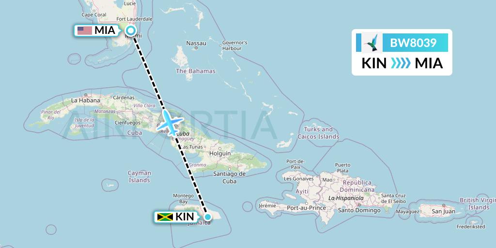 BW8039 Caribbean Airlines Flight Map: Kingston to Miami
