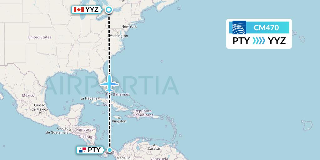 CM470 Copa Airlines Flight Map: Panama City to Toronto