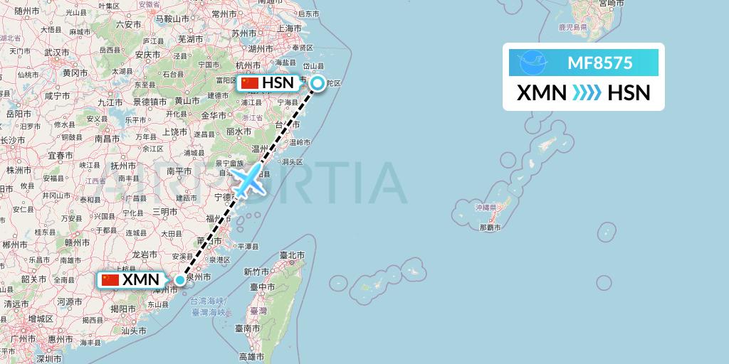MF8575 Xiamen Airlines Flight Map: Xiamen to Zhoushan