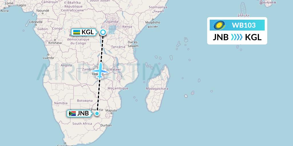 WB103 RwandAir Flight Map: Johannesburg to Kigali
