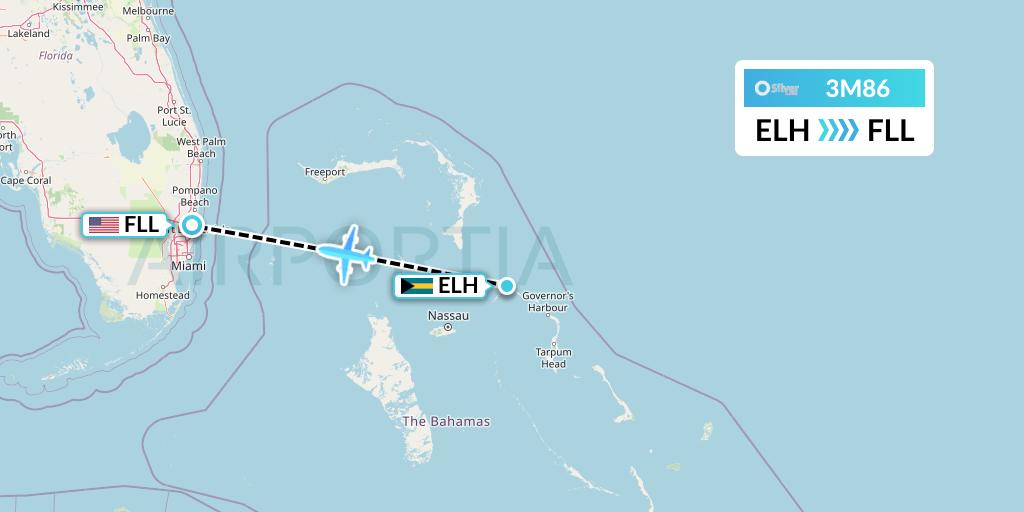 3M86 Silver Airways Flight Map: North Eleuthera to Fort Lauderdale