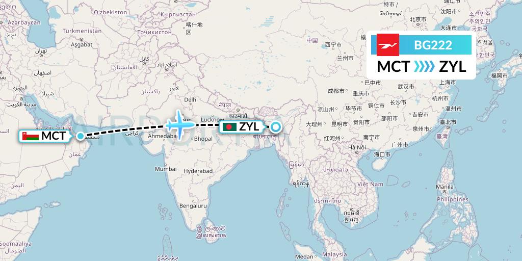 BG222 Biman Bangladesh Airlines Flight Map: Muscat to Sylhet