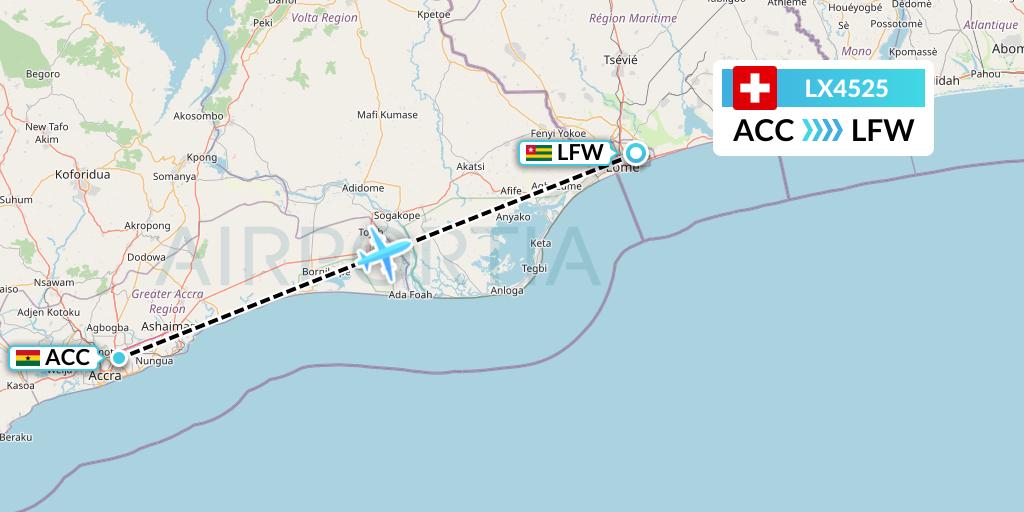 LX4525 Swiss Flight Map: Accra to Lome