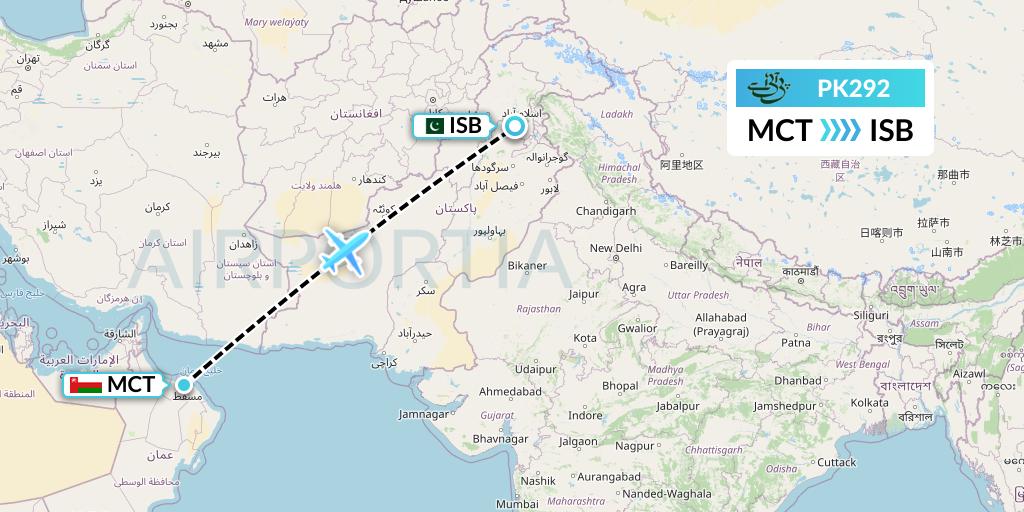 PK292 Pakistan International Airlines Flight Map: Muscat to Islamabad