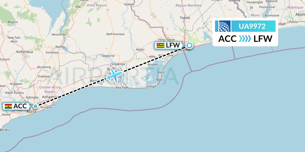 UA9972 United Airlines Flight Map: Accra to Lome
