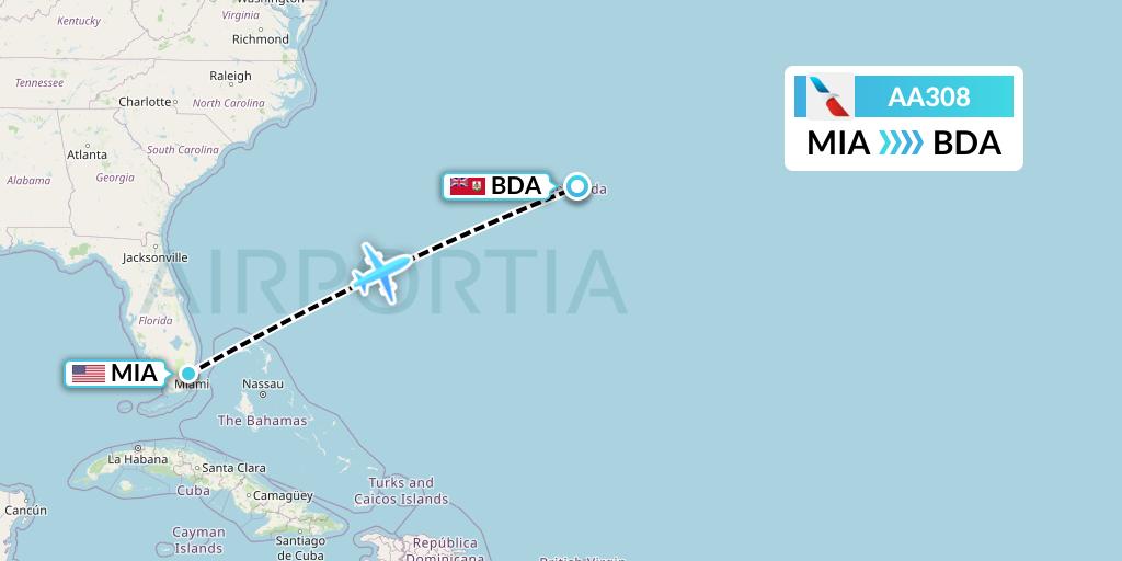 AA308 American Airlines Flight Map: Miami to Bermuda