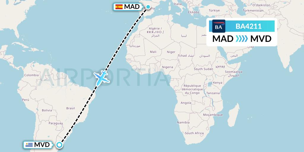 BA4211 British Airways Flight Map: Madrid to Montevideo