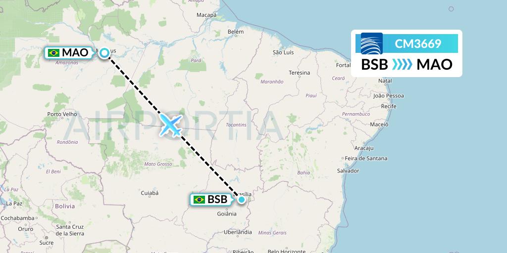 CM3669 Copa Airlines Flight Map: Brasilia to Manaus