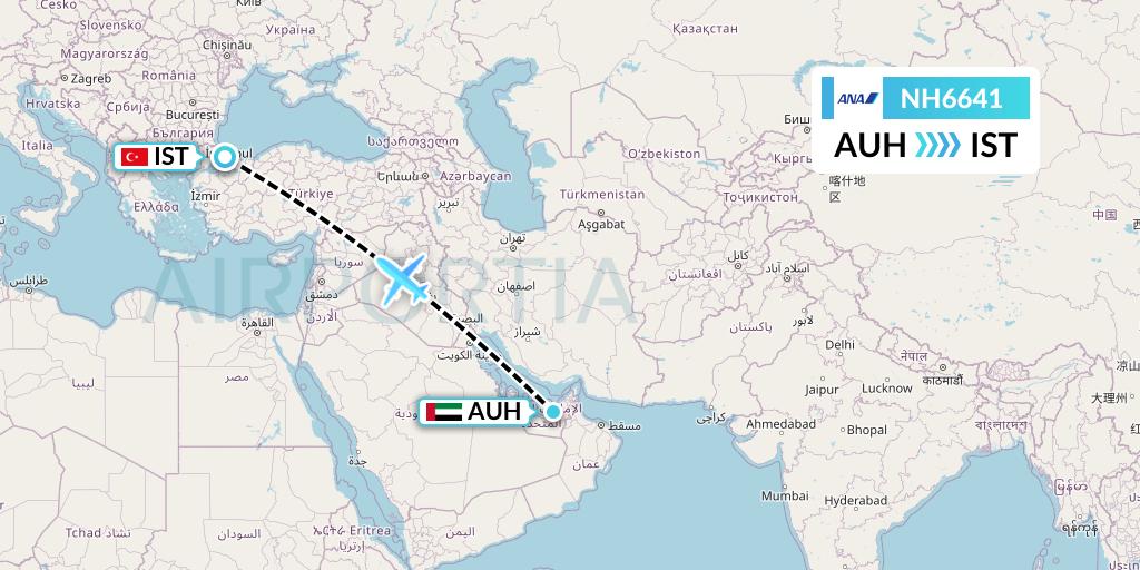 NH6641 All Nippon Airways Flight Map: Abu Dhabi to Istanbul