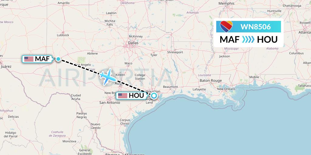 WN8506 Southwest Airlines Flight Map: Midland to Houston
