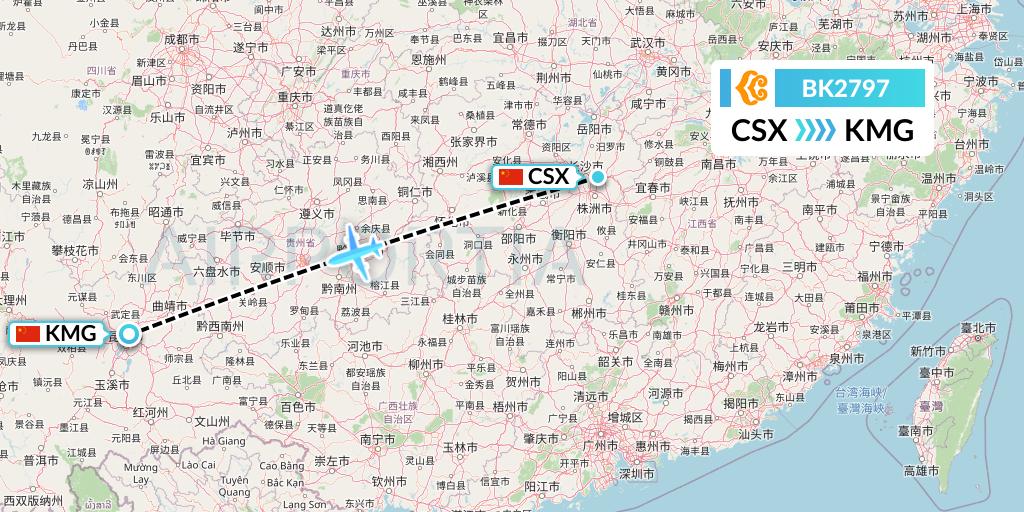 BK2797 Okay Airways Flight Map: Changsha to Kunming