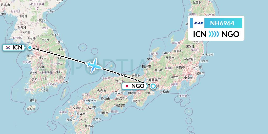NH6964 All Nippon Airways Flight Map: Seoul to Nagoya