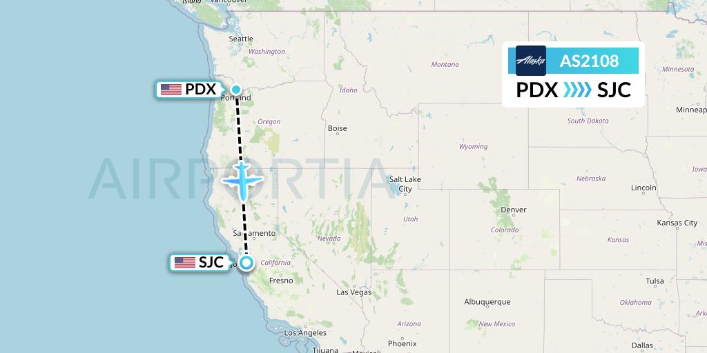 AS2108 Alaska Airlines Flight Map: Portland to San Jose