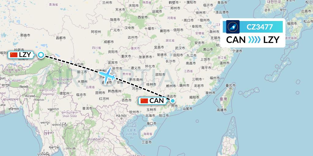 CZ3477 China Southern Airlines Flight Map: Guangzhou to Nyingchi