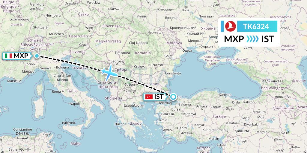 TK6324 Turkish Airlines Flight Map: Milan to Istanbul