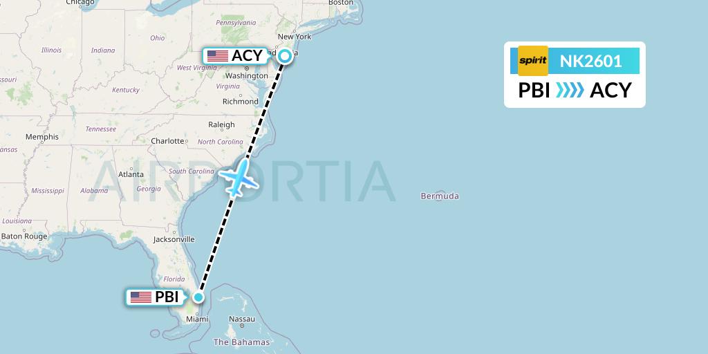 NK2601 Spirit Airlines Flight Map: West Palm Beach to Atlantic City