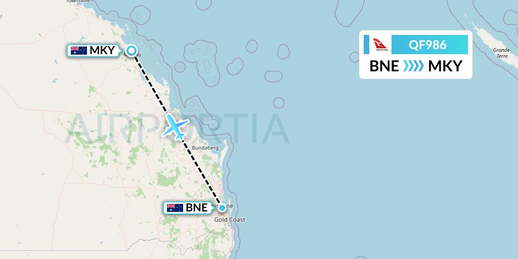 QF986 Qantas Flight Map: Brisbane to Mackay