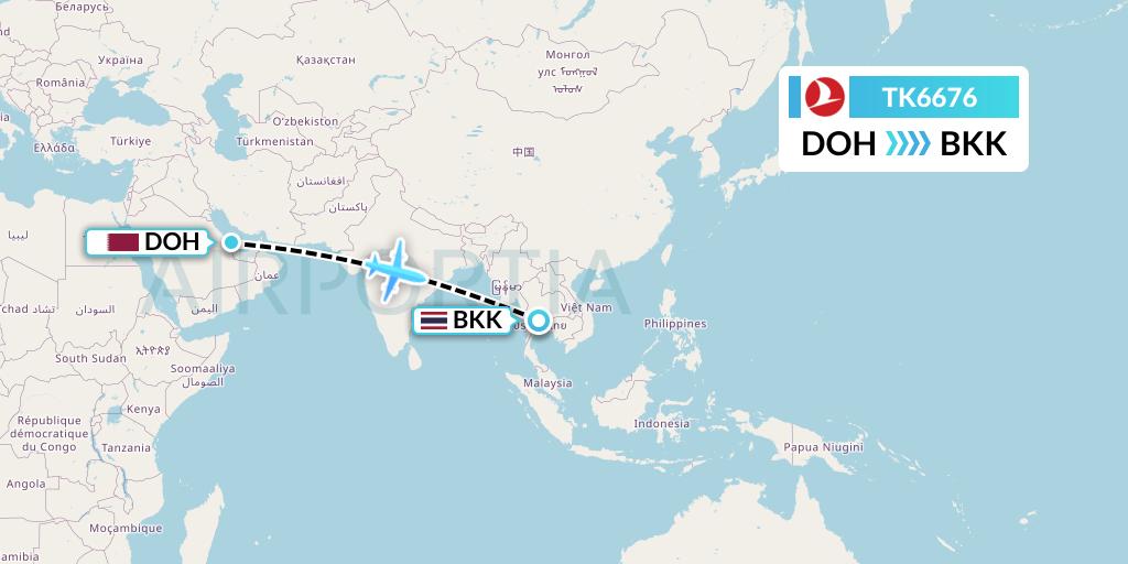 TK6676 Turkish Airlines Flight Map: Doha to Bangkok